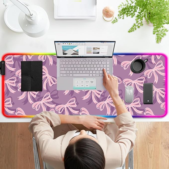 RGB Pretty Purple Bows Gaming Desk Mat Computer Keyboard Large Extended Long Girly LED Mouse Pad for Office and Home XL (W15)