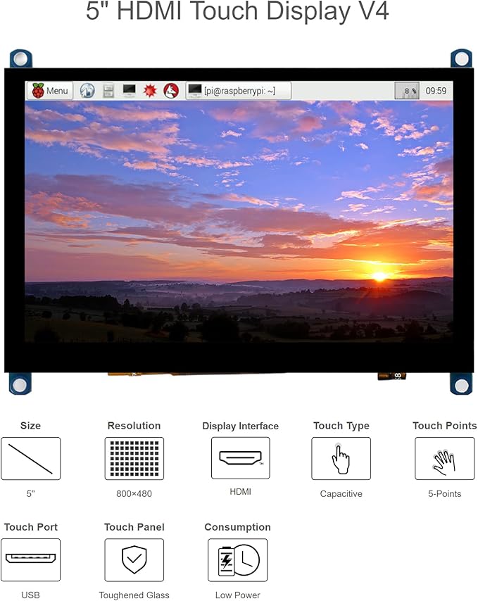 Waveshare 5 Inch HDMI LCD Screen 800x480 TFT Capacitive Touch Screen Display Monitor for Raspberry Pi 4B/3B+/A+/B/2B/B+/A+/Zero W Compatible with Windows 10/8.1/8/7