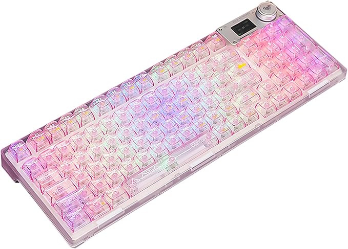F98 Pro 95% Hot-Swappable Mechanical Keyboard – Transparent Keycaps RGB Backlit Gaming Keyboard Tri-Mode BT5.0/2.4G/USB-C OLED Display 4000mAh Battery Pink