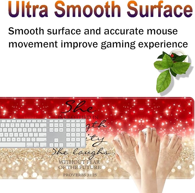 Large Gaming Mouse Pad Keyboard Wrist Rest + Mouse Wrist Pad + Coaster Combination Set Memory Sponge Non-Slip Base. Suitable for Office and Home Red Glitter Quote Proverbs 31-25