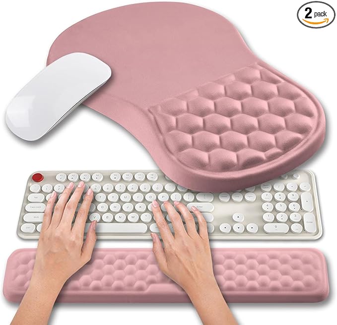 Hokafenle 2 in 1 Ergonomic Mouse Pad Wrist Support &amp Wrist Rest for Computer Keyboard Set with Relieve Carpal Tunnel Pain Massage Bulge and Full Memory Gel Design (2In1 Set Pink)