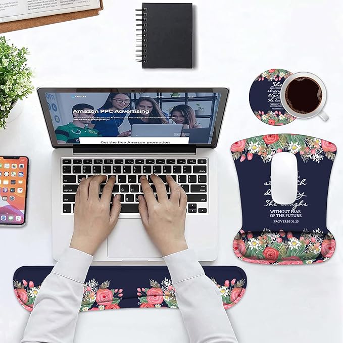Keyboard Wrist Rest and Mouse Pad Wrist Support Set with Coasters Floral Quote Bible Verses Proverbs 31:25 Design Wrist Mouse Pad with Non-Slip PU Base for Home Office Working Studying