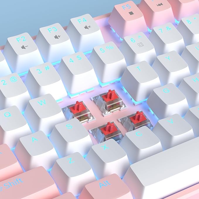 MageGee 75% Mechanical Gaming Keyboard Red Switch LED Blue Backlit 87 Keys Compact TKL Wired Computer Keyboards for Windows Laptop PC Gamer - White/Pink
