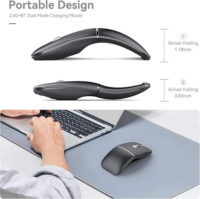 Wireless Mouse Bendable –Rotating Design Dual Mode (BT+ 2.4GHz) arc Rechargeable Travel Wireless Mouse for Microsoft Laptop PC Tablet Graphite Black