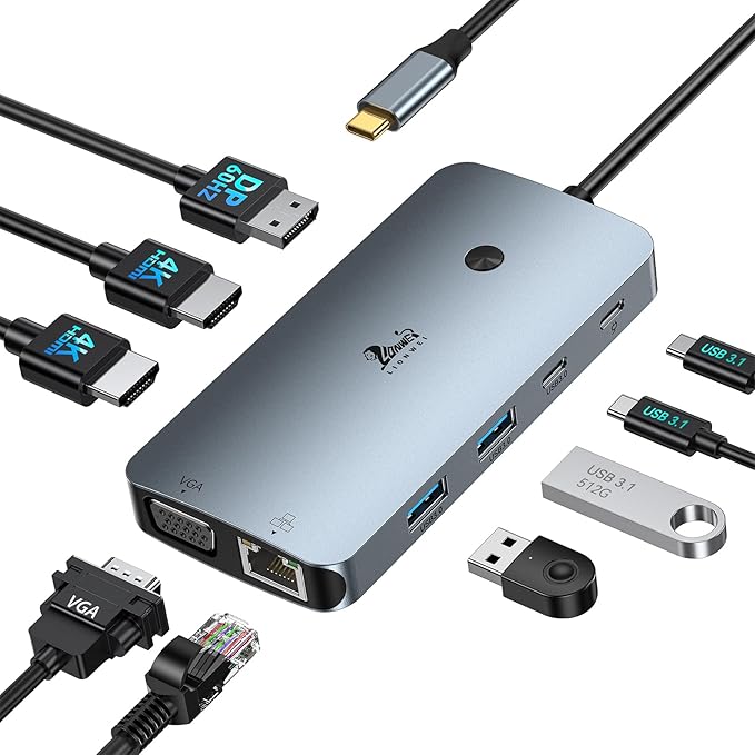 Laptop Docking Station 4 Monitors 9 in 1 Dual HDMI+DP+VGA 100W PD 5Gbps 3 USB C/A Ports Ethernet LIONWEI Docking Station Dual Monitor USB C Hub for Dell/HP/Surface/MacBook