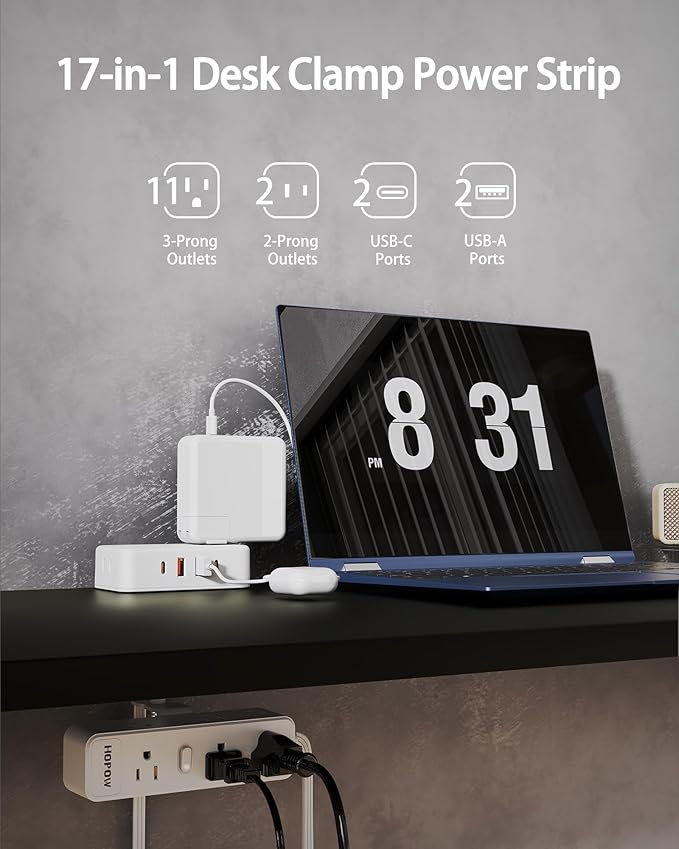 Dual Layer Desk Clamp Power Strip（White） Desktop Edge Mount Charging Station with 13 Outlets 4 USB Ports (2 USB C) Under Desk Surge Protector(1700 Joules) 10 Ft Extension Cord for Office