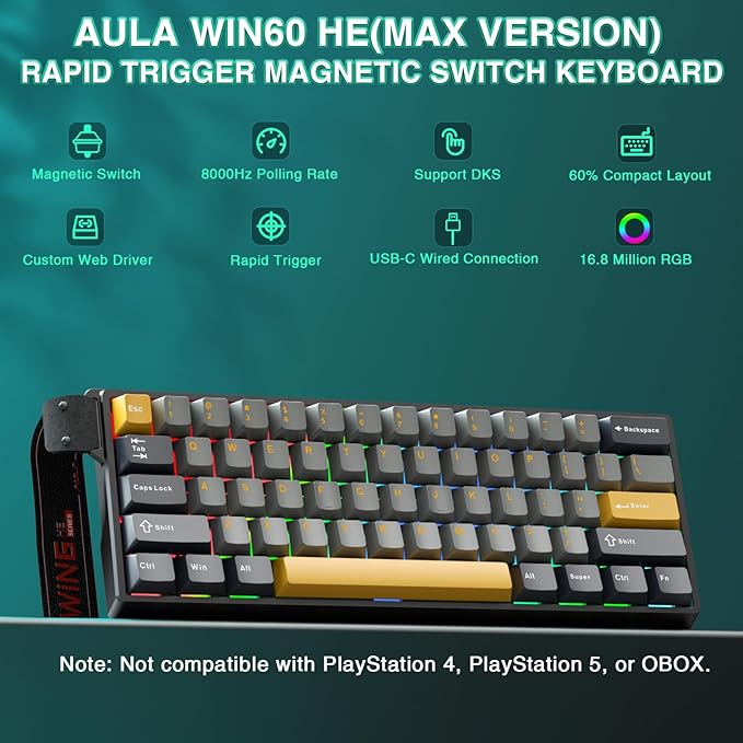 AULA WIN60 HE MAX - 60% Mechanical Gaming Keyboard Wired Hall Effect Magnetic Switches Hot Swappable Adjustable Actuation Rapid Trigger Mode 8000 Hz Polling Rate 60 Percent Keyboard Compact Design