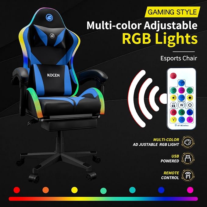 Gaming Chairs for Adults Tall and KidsLumbar SupportLED LightsHigh Back Reclining Computer Chair with Headrest (Black+Blue)