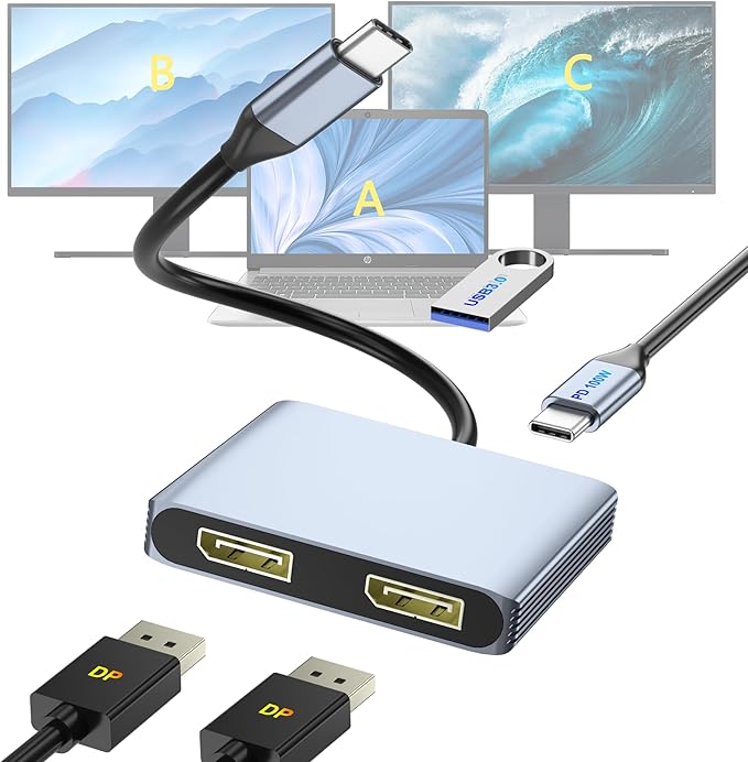 DisplayPort Splitter for Dual Monitors 4K@60Hz USB-C to DisplayPort Adapter Type-C Docking Station for Dell/HP/Mac Display Port MST Hub with USB3.0/PD Display Port Splitter for Dual Monitors