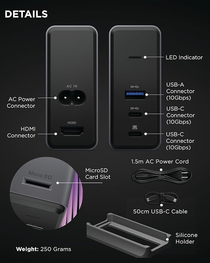Lenovo GaN Charging Dock Multiport Docking Station w/ 60W PD HDMI USB-C USB-A Micro SD Power Adapter &amp Dock in One Compact Design Sustainable Materials Home Office Gaming Dock Stand Conso