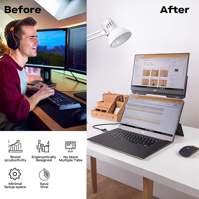 Duex Float Mobile Pixels 15.6 Stacked Portable Screens Full HD IPS 1080P Touchscreen Monitor with Built-in Kickstand USB Type-C/HDMI Plug and Play Support Windows/Mac/Android/ChromeOS/Switch