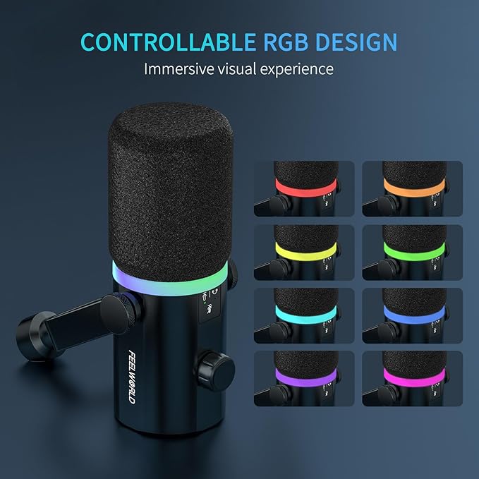 FEELWORLD PM1 XLR USB Dynamic Microphone Gifts for Podcast Recording PC Computer Gaming Live Streaming Vocal Voice-Over Studio Metal Mic with Voice-Isolating RGB Light Mute Button Headphones Jack