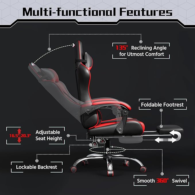 Yaheetech Gaming Chair Video Game Chair with Massage Lumbar Support and Footrest Height Adjustable Ergonomic Computer Chair with Swivel Seat and Headrest Black/Red