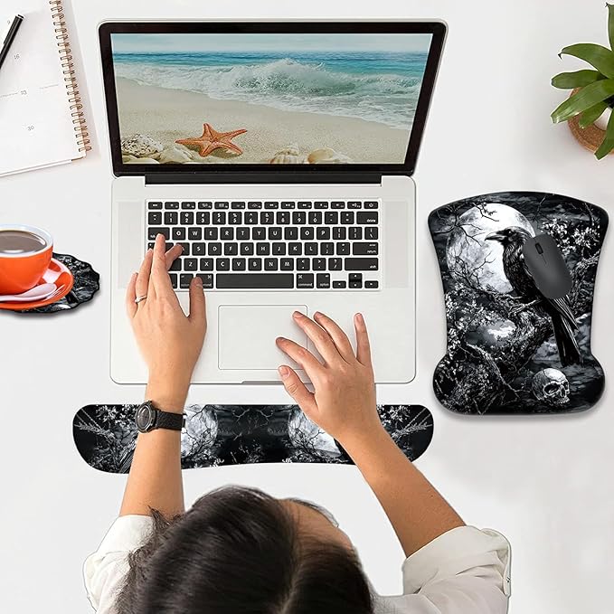 Mouse Wrist Rest and Keyboard Wrist Rest Pad+ Coaster Set Non-Slip Rubber Base Smooth Surface Ergonomic Gaming Mouse Pad for Easy Typing and Pain Relief Crow Skull