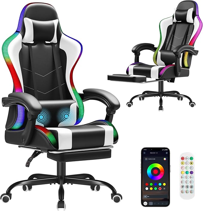 Homall Gaming Chair Video Game Chair with Footrest and Massage Lumbar Support Ergonomic Computer Chair Height Adjustable with Swivel Seat and Headrest (RGB Lvory)