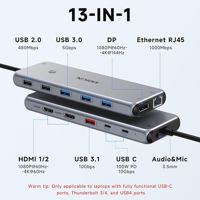 USB C Docking Station Laptop Hub Dual Monitor Multiport Adapter Dock DongleUSB C to 2 HDMIDisplayPortPD ChargingEthernet7 USB A/C 3.1/3.0/2.0 PortsAudio