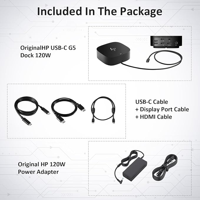 HP Docking Station for Dual Monitor Bundle - 1 Year Warranty HP USB-C G5 Dock for USB-C &amp Thunderbolt Laptop with 120W AC Adapter + HDMI &amp DisplayPort Cables + USB Cable