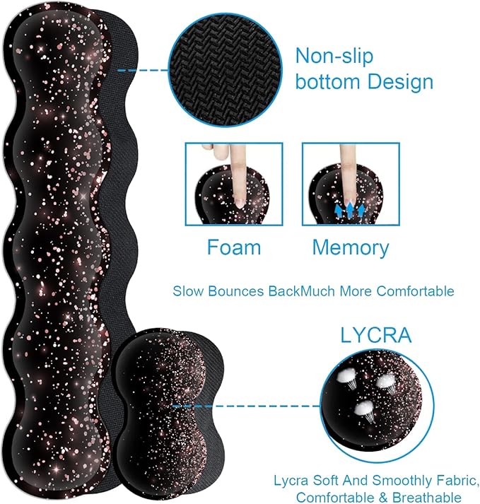 Large Gaming Mouse Pad Memory Foam Keyboard Wrist Rest Extended Office Desk Mat Office Desk Pad with Stitched Edges Laptop Desk Table Protector Rose Gold Glitter Black Writing Mat