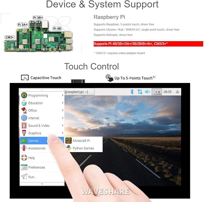 Waveshare 5 Inch Touch Screen for Raspberry Pi DSI LCD Screen Monitor 800×480 Display for Raspberry Pi 4B 3B+ 3A+ 3B 2B B+ A+ CM3/3+ Compatible with Raspbian Ubuntu Kali WIN10 IoT RetroPie