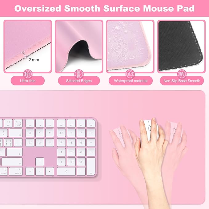 4-in-1 Large Gaming Mouse Pad Keyboard Wrist Rest Pad &amp Wrist Support Mousepad Set Extended Desk Pad Waterproof Desk Mat for Girl Women Home Office Decor Study Game 35.4×15.7 Inches I Soft Pink