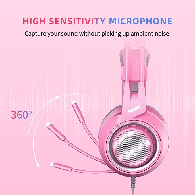 SOMIC G951s Pink Stereo Gaming Headset with Mic for PS4XboxPCMobile Phone3.5mm Noise Reduction Cat Ear Headphones Lightweight Over Ear Headphones for Woman
