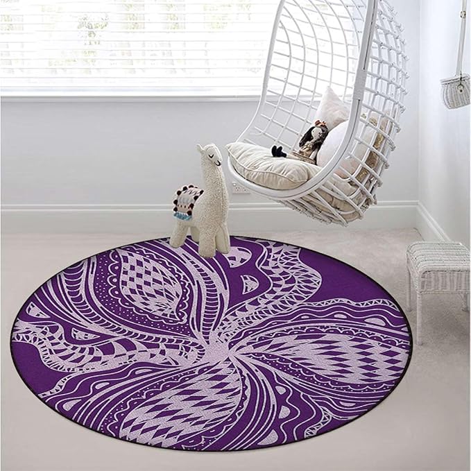 Purple Round Rug Soft Distressed Kitchen Round Area Rug Non Slip Non-Shedding Laundry Room Mat Low Pile Entry Floor Carpet Floral Pattern Boho Inspired Design Diameter 47.2 in