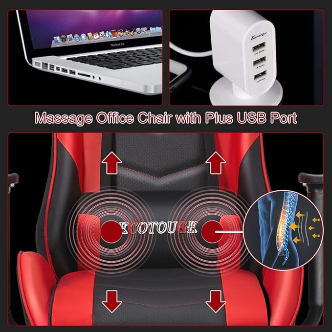 ECOTOUGE PC Massage Gaming Chair with Footrest Ergonomic Office Desk Chair Adjustable Massage Lumbar Cushion and Headrest Red