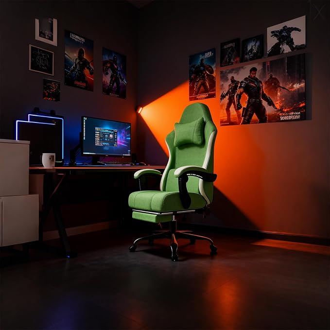 Gaming Chair High Back Fabric Computer Chair with Pocketed Spring Cushion and Footrest Height Adjustable Game Chair with Headrest and Lumbar Support