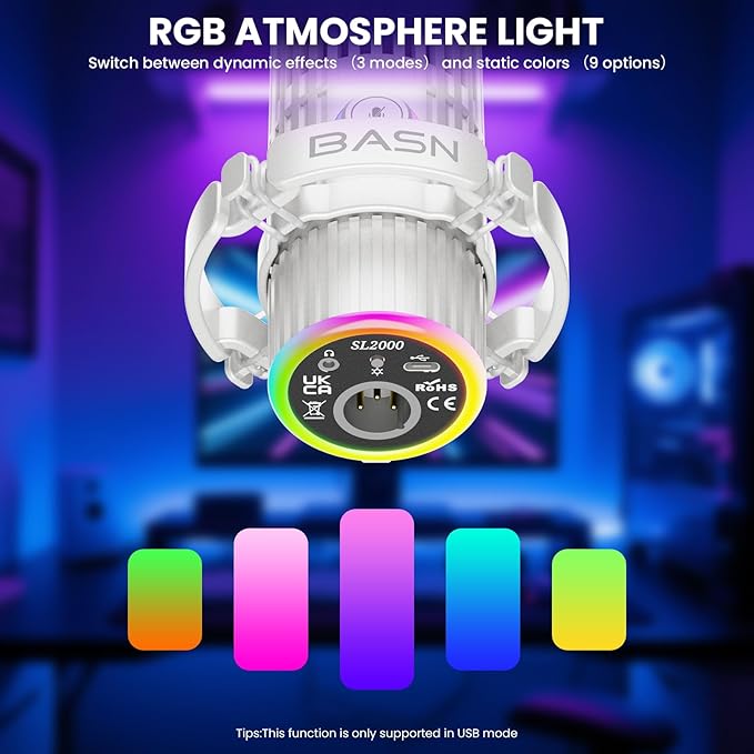 BASN USB/XLR Dynamic Microphone for Podcasting Live Streaming Gaming Recording with RGB Mute Button Headphone Monitoring and MIC Stand (White) SL2000