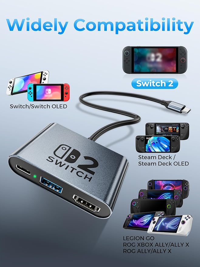 Switch 2 DockPortable USB C Docking Station with 4K@120Hz/PD 100W/USB 3.0 PortAluminum Alloy Travel TV Dock for Switch/Steam Deck/ROG Xbox Ally X/Legion Go 1/2/S
