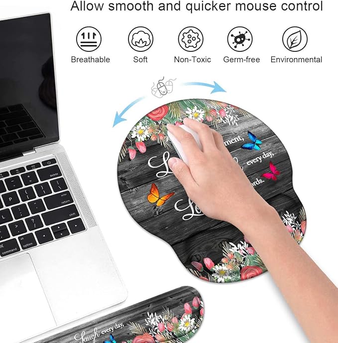 Keyboard Wrist Rest and Mouse Pad Wrist Support Set with Coasters Ergonomic Gaming Mousepad Non-Slip PU Base for Home Office Working Studying Easy Typing &amp Pain Relief Floral Quote Live Laugh Lo