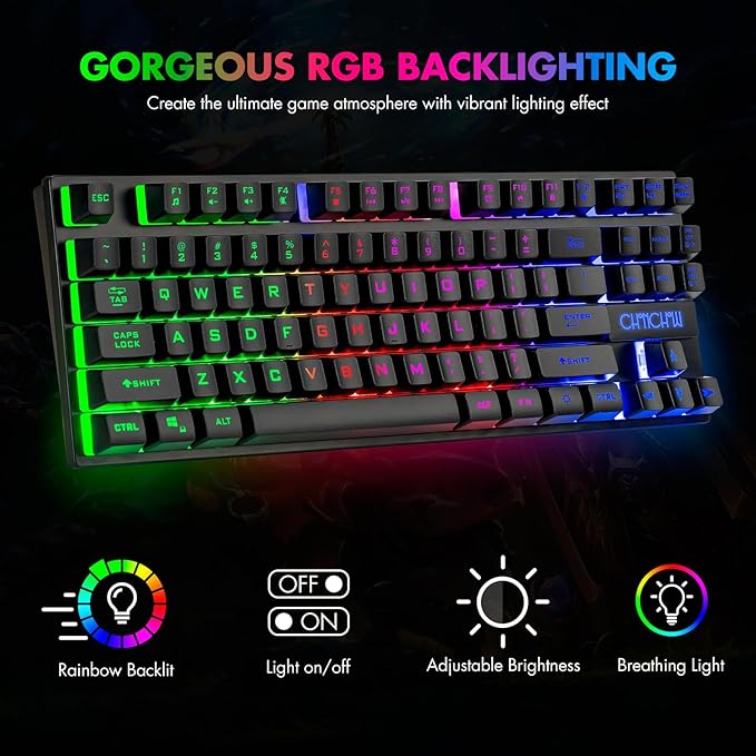 CHONCHOW 87 Keys TKL Gaming Keyboard and Mouse Combo Wired LED Rainbow Backlit Keyboard 800-3200 DPI RGB Mouse Gaming for PS4 Xbox PC Laptop Mac