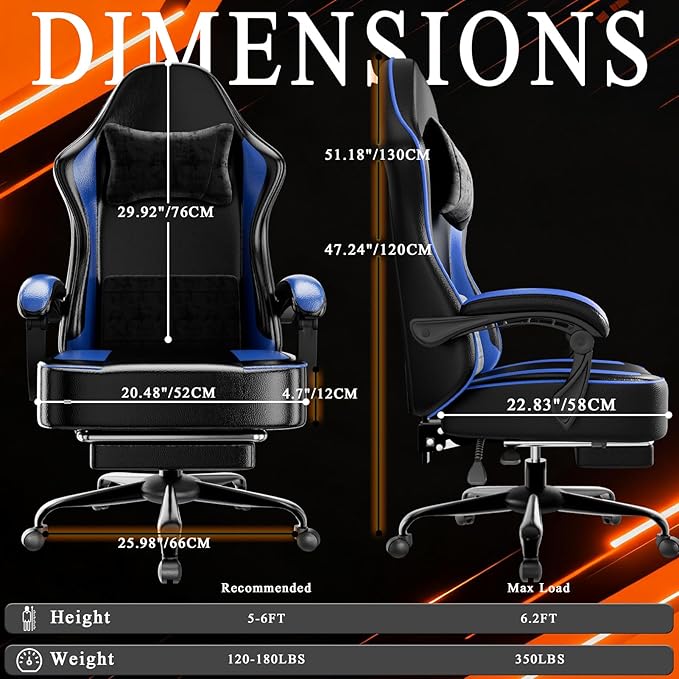 Gaming Chair with Pocket Spring Cushion and Footrest Ergonomic Computer Chair for Adults Breathable PU Leather Game Chair Adjustable Headrest and Lumbar Support Office Desk Chair