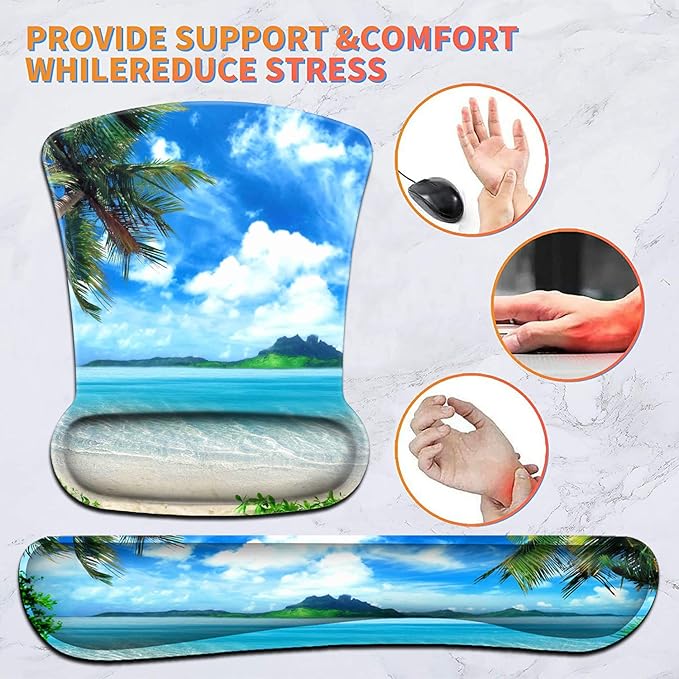 Keyboard Wrist Rest Pad and Ergonomic Mouse Pad Wrist Support Set Ocean Waves Coconut Trees on Sands Beach Seascape Scenery for Gaming Office Comfortable and Pain Relief with Coaster Set