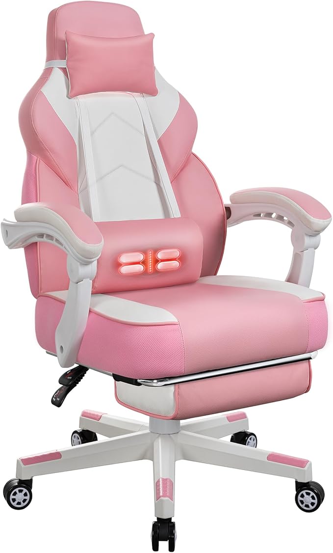 Vongrasig Ergonomic Gaming Chair for Adults PU Leather Office Seat with Head &amp Foot Rests (Pink)