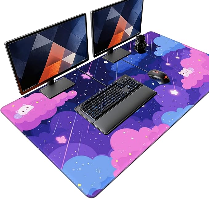Extra Large Mouse Pad 48x24 Inch Cute Cartoon Cat Starry Sky Desk Mat with Non-Slip Base Purple Mousepad for Gaming Office Soft Keyboard Mat for Full Desk Coverage