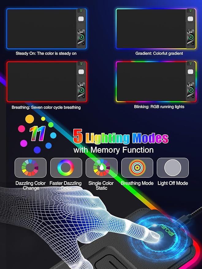 Mouse Pad with Foldable Phone Holder &amp Wireless Charger XXL RGB Gaming Mousepad 31.5x15.8 Large Desk Mat for Keyboard Black Desk Pad with Dual Qi Charging Station | 11 Colors 5 Modes | Waterpr