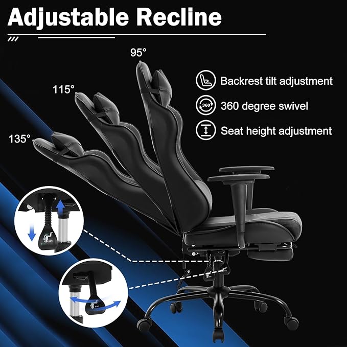 Massage Gaming Chair - Ergonomic PC Racing Office Chair with Lumbar Support Headrest Armrest Footrest - Black Heavy Duty PU Leather Recliner for Adults Gamer (Grey)