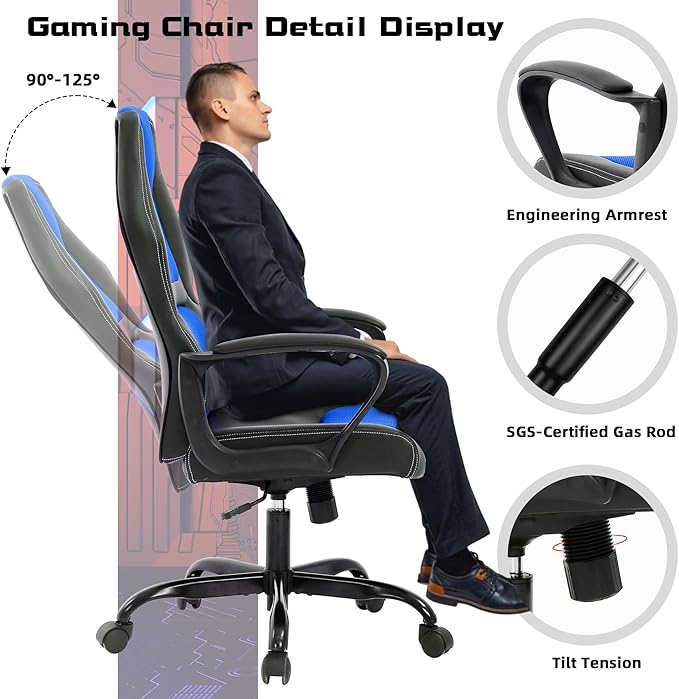 MKDLUFEI Video Game ChairErgonomic Office Chair Desk Chair and Lumbar Support PU Leather Recliner with HeadrestHeight Adjustable Computer Chair for Adults