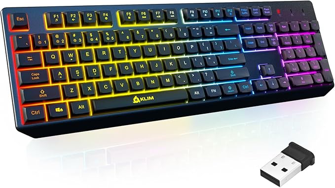 KLIM Chroma Wireless Keyboard – RGB Backlit Gaming Rechargeable Battery PC Keyboard Durable &amp Water-Resistant Compatible with PS4 PS5 &amp Mac - Black