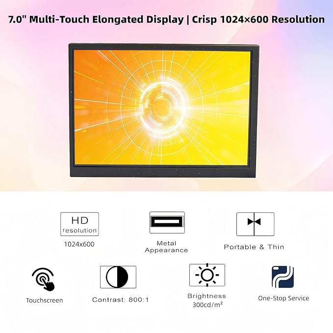 7-inch IPS Touchscreen Bar Display 1024x600 Metal Shell Type-C/HDMI. for Raspberry Pi Laptop Aida64 GPU/CPU Monitoring PC Case Screen. (P70D-T)