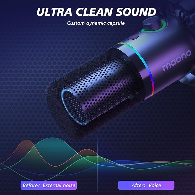 MAONO XLR/USB Dynamic Microphone Kit RGB Podcast Mic with Software Mute Gain Knob Volume Control Boom Arm for Streaming Gaming Voice-Over Recording-PD200XS Black