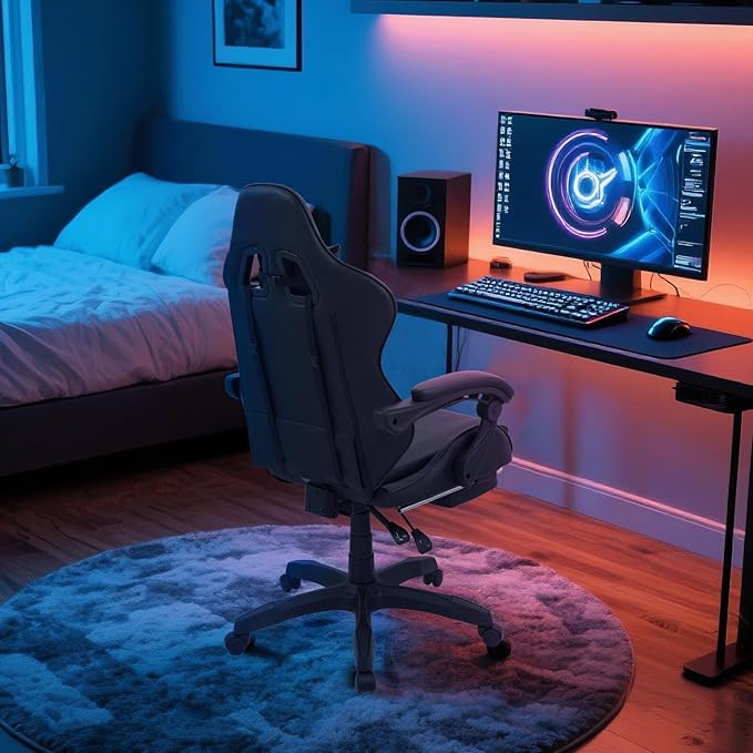 Gaming Chair Ergonomic Computer Chairs with Arms Lumbar Support Footrest Headrest 360°Swivel Chair Adjustable Back and Height Leather PC Chairs for Gaming Study Office Black