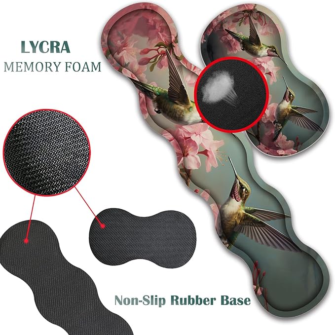 4 in 1 Mouse Pad Combo Large Gaming Mouse Pad + Keyboard Wrist Support + Mouse Wrist Rest + Coaster Table Pad 31.5 x 11.8 with Memory Foam Ergonomic Wrist Pad Set Hummingbird Flowers