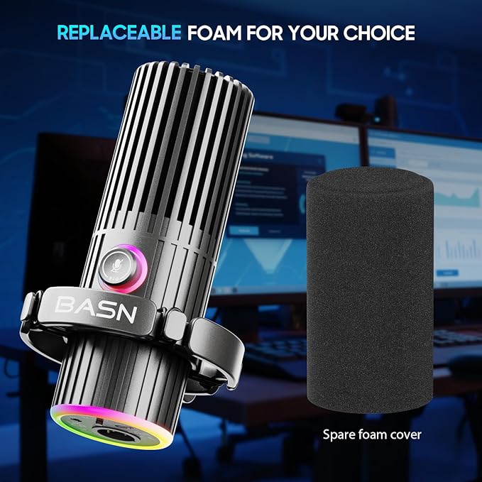 BASN USB/XLR Dynamic Microphone Live Streaming Gaming Recording with Three-in-One Mute ButtonRGB Lighting and MIC Stand for PC (Gray) SL2000