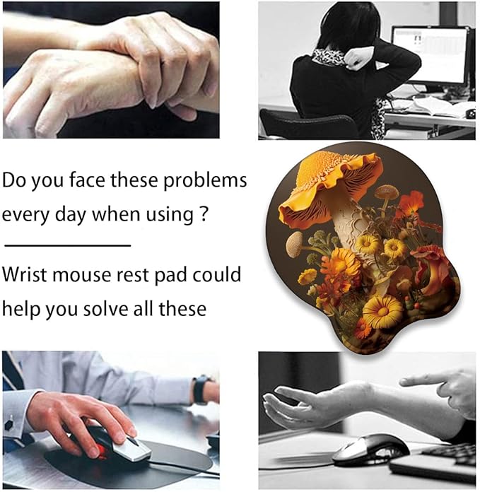 Mouse Wrist Rest and Keyboard Wrist Rest Pad+ Coaster Set Non-Slip Rubber Base Smooth Surface Ergonomic Gaming Mouse Pad for Easy Typing and Pain Relief Mushroom Sunflower