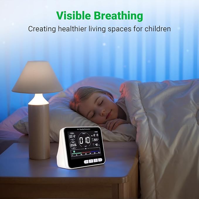 14 in 1 Air Quality Monitor Indoor with Beep Alarm 6 AQI Air Quality Detector with PM1.0|PM2.5|PM10|HCHO|TVOC|AQI|Temperature|Humidity|Time for Home Hotel Office Car Battery Powered Air Monitor