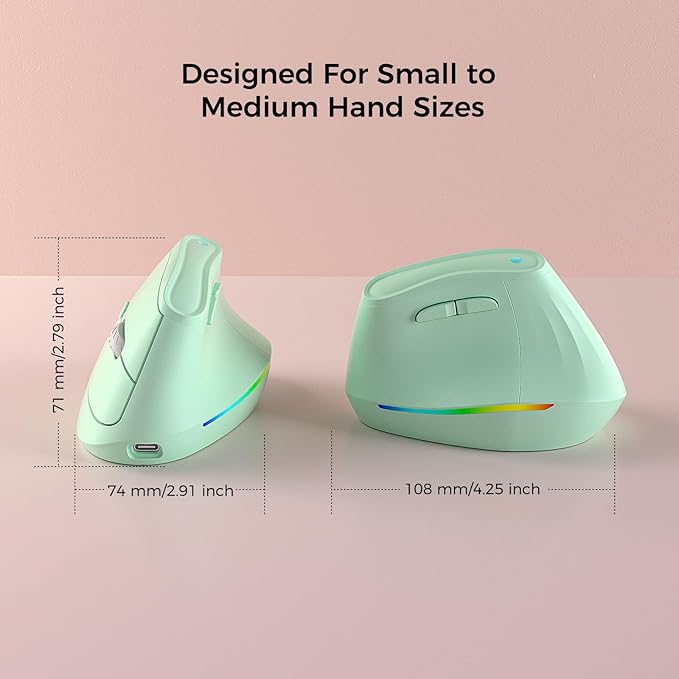 KYSONA 57° Wireless Ergonomic Mouse Vertical Mouse Carpal Tunnel Mouse RGB Light Rechargeable Bluetooth &amp 2.4G 5-Level DPI Adjustment Quiet Click Ergo Mice Compatible with PC/Laptop/Mac Gr