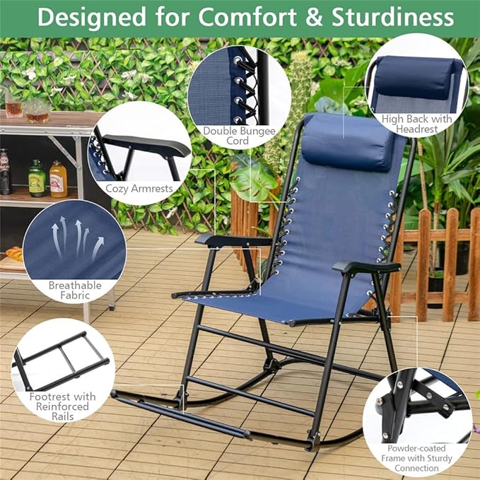 Office Chair Gaming Chair Computer Chair Patio Camping Rocking Chair Folding Rocking Chair Footrest Blue