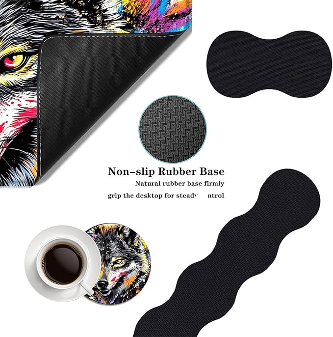 Mouse PadLarge Desk Mat Set 4in1 XL Mousepad + Keyboard Wrist Rest+Mouse Wrist Rest+Coaster with Ergonomic Desk Pad for Home Office Table Computer Cover -Colorful Splatter Wolf
